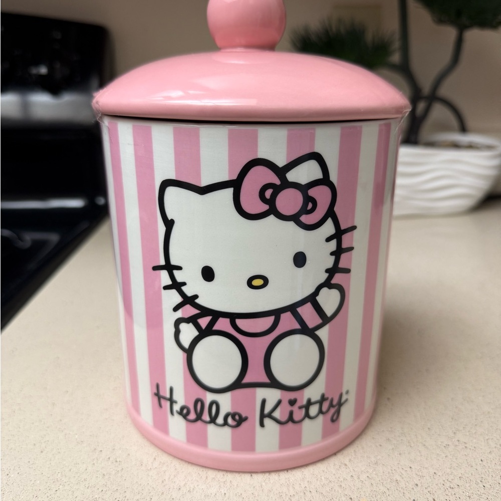 NWT Hello Kitty Pink and White Striped Jar - Picture 1 of 7